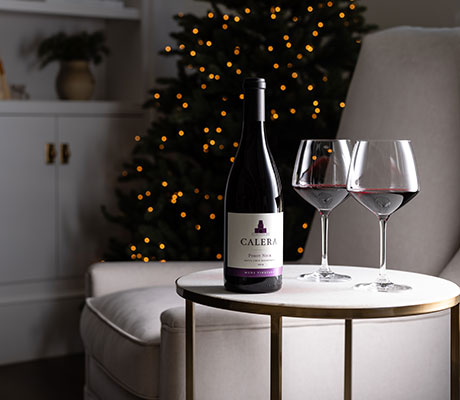 Calera wine in front of the Christmas Tree